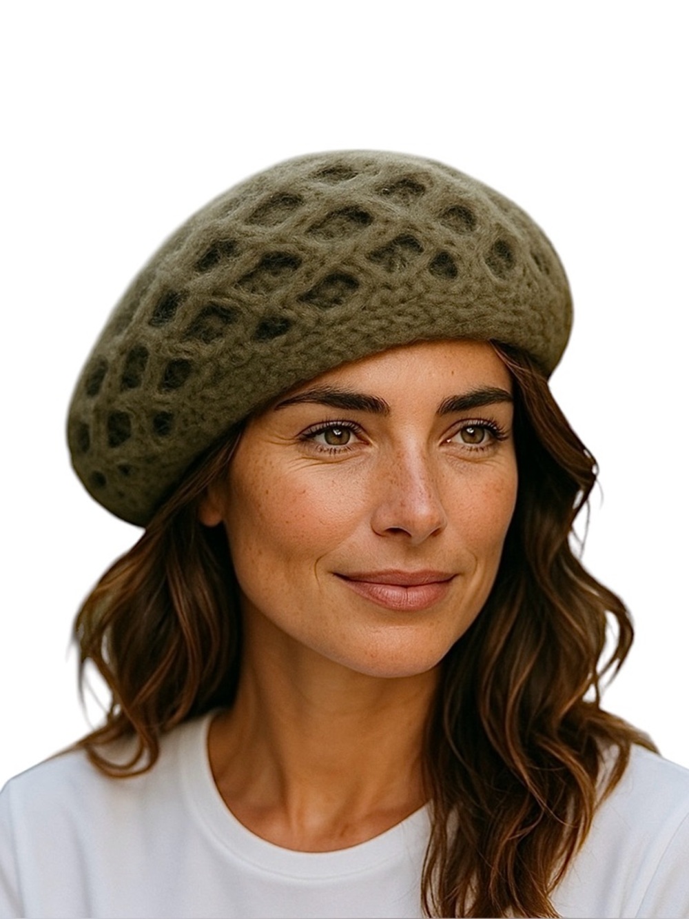 Vintage Angora Crochet Knit Two Layer Beanie Beret Green Hat